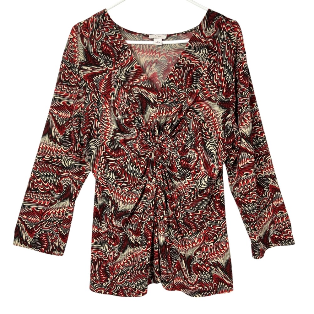 Yvos Abstract Swirl Knot Front Tunic Top Red Black V-Neck 3/4 Sleeve XL